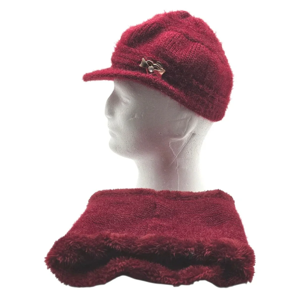 Women's Cozy Knit Hat and‎ Handwarmer Set Burgundy Soft Warm Winter Fashion
